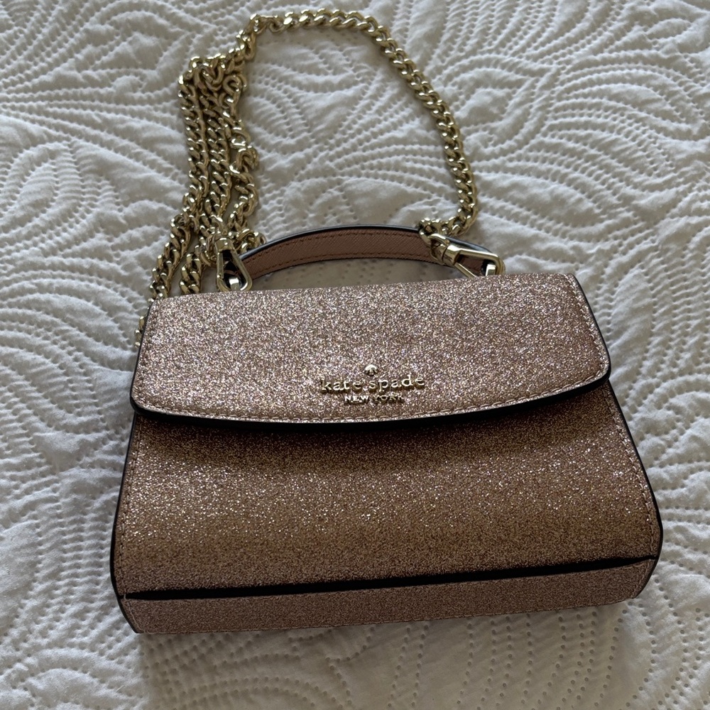 kate spade Rose Gold Glitter Mini Crossbody with removable Gold Chain